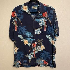 Caribbean Men's Large Navy Blue Hawaiian Shirt Parrot Palm Tree Tropical Print